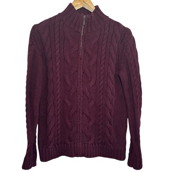 L.L. Bean Women's Medium Maroon Cable Knit High Collar Cotton Zip Up Sweater - Picture 1 of 7